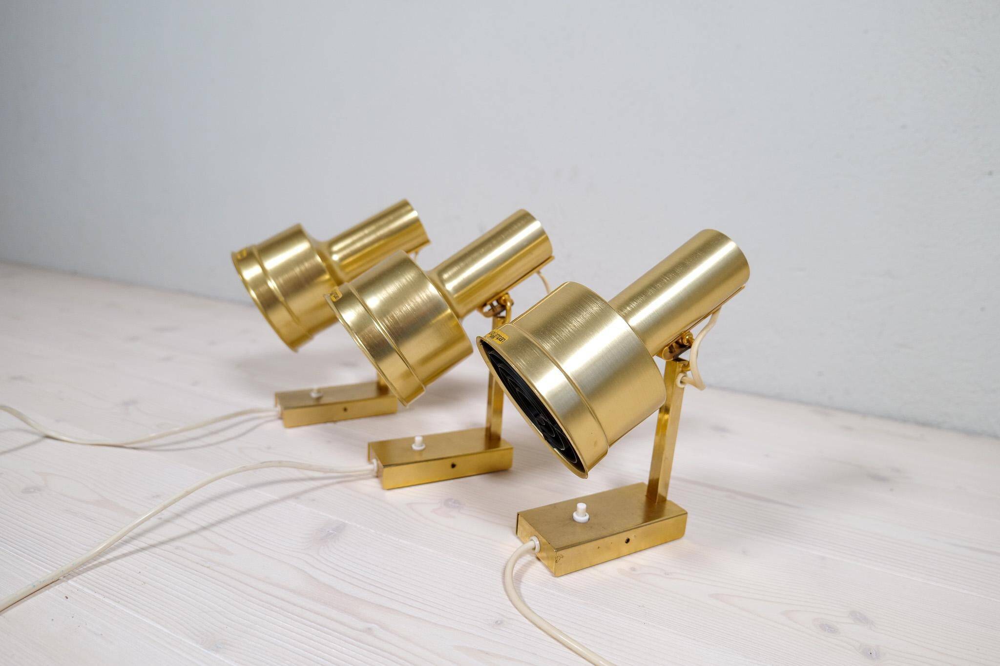 Mid-Century Modern Set of 3 Brass Wall Sconces by Sundstedt Sweden