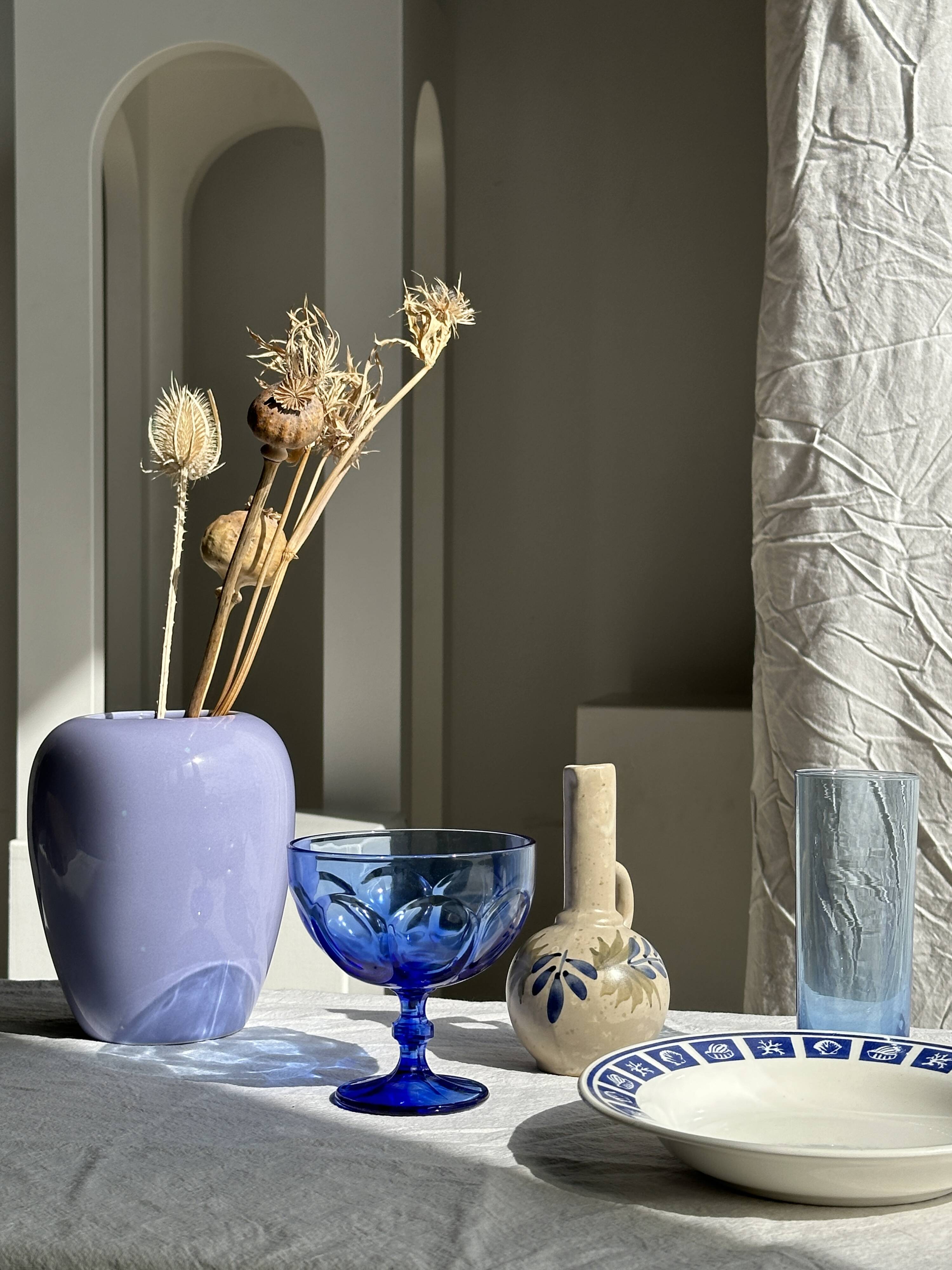 5 blue glass stemmed ice cream bowls