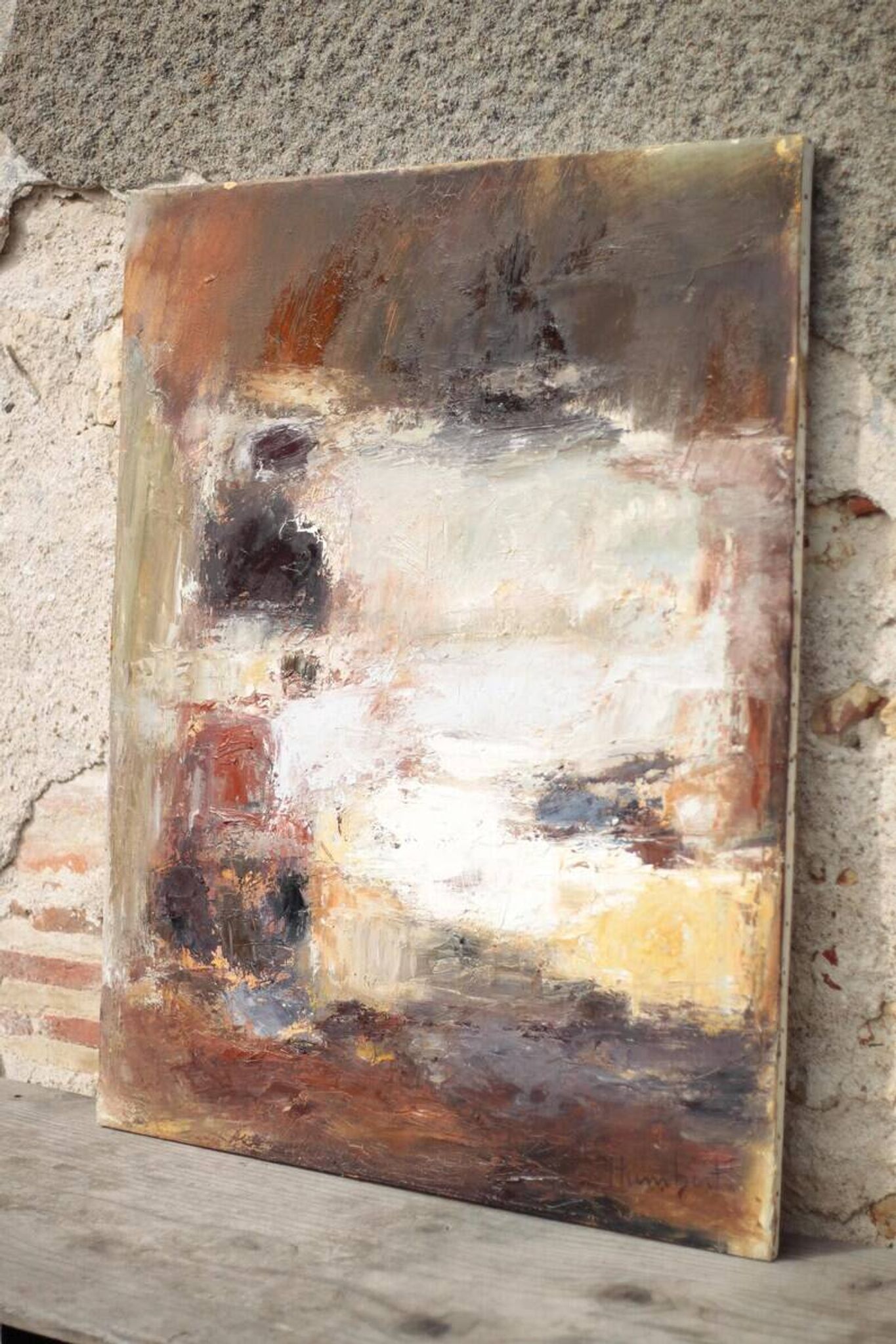 Oil on canvas signed Monique Humbert, abstract composition, wall painting, interior decoration.