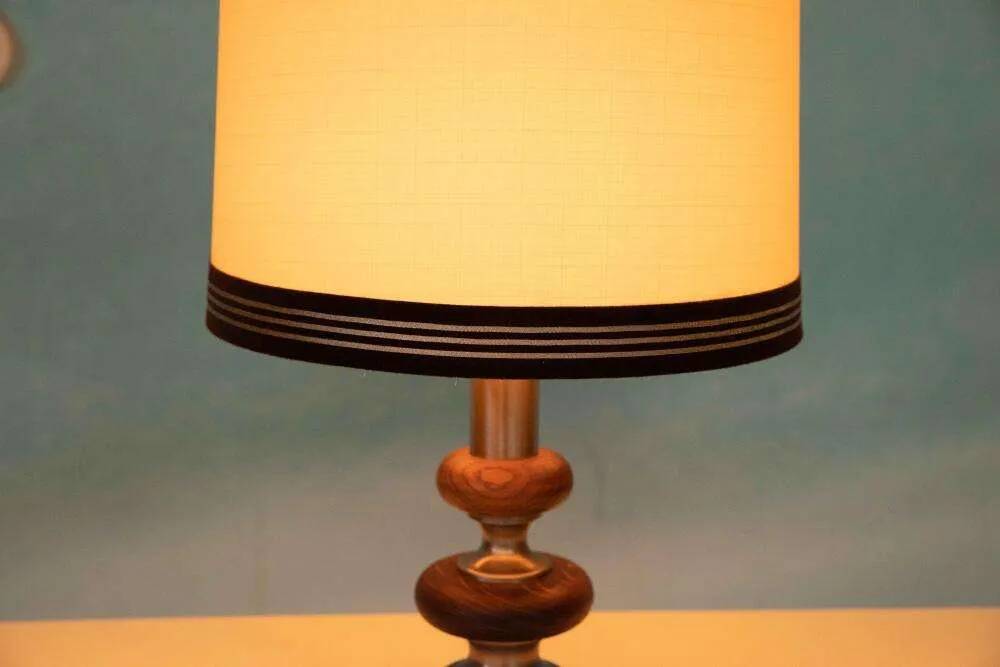 1960s bohemian table lamp, space age wooden bedside lamp