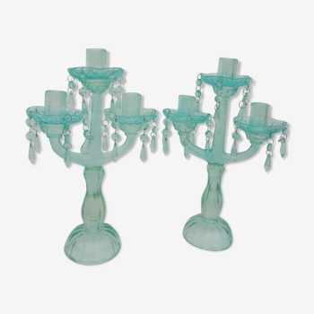 Paire d' anciens chandeliers à pampilles en verre moulé bleu vert turquoise