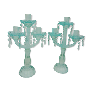 paire d' anciens chandeliers à pampilles en verre moulé bleu vert turquoise