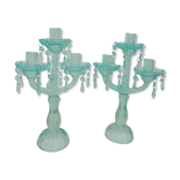 Paire d' anciens chandeliers à pampilles en verre moulé bleu vert turquoise