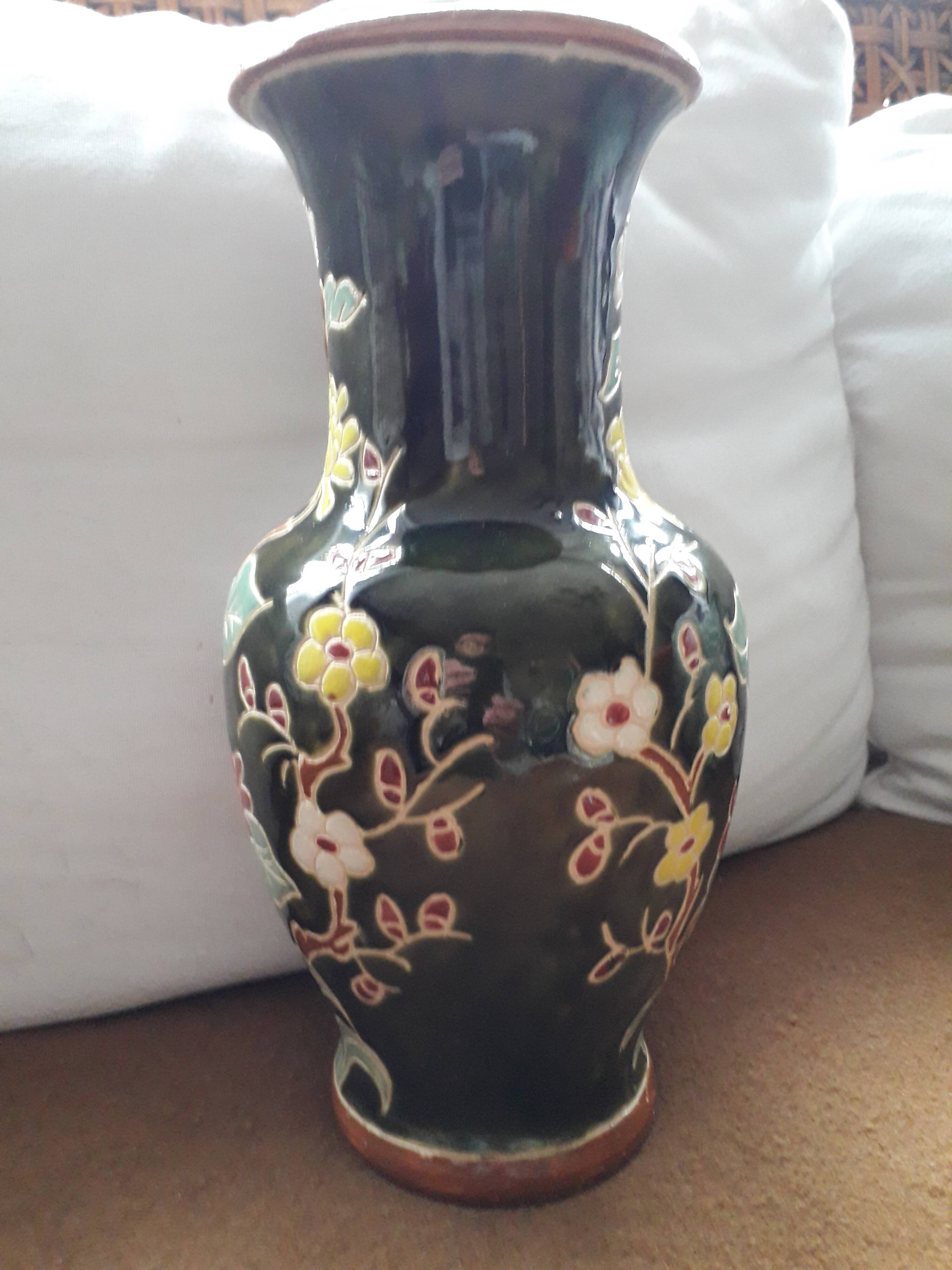 Large vintage ceramic vase with floral decoration