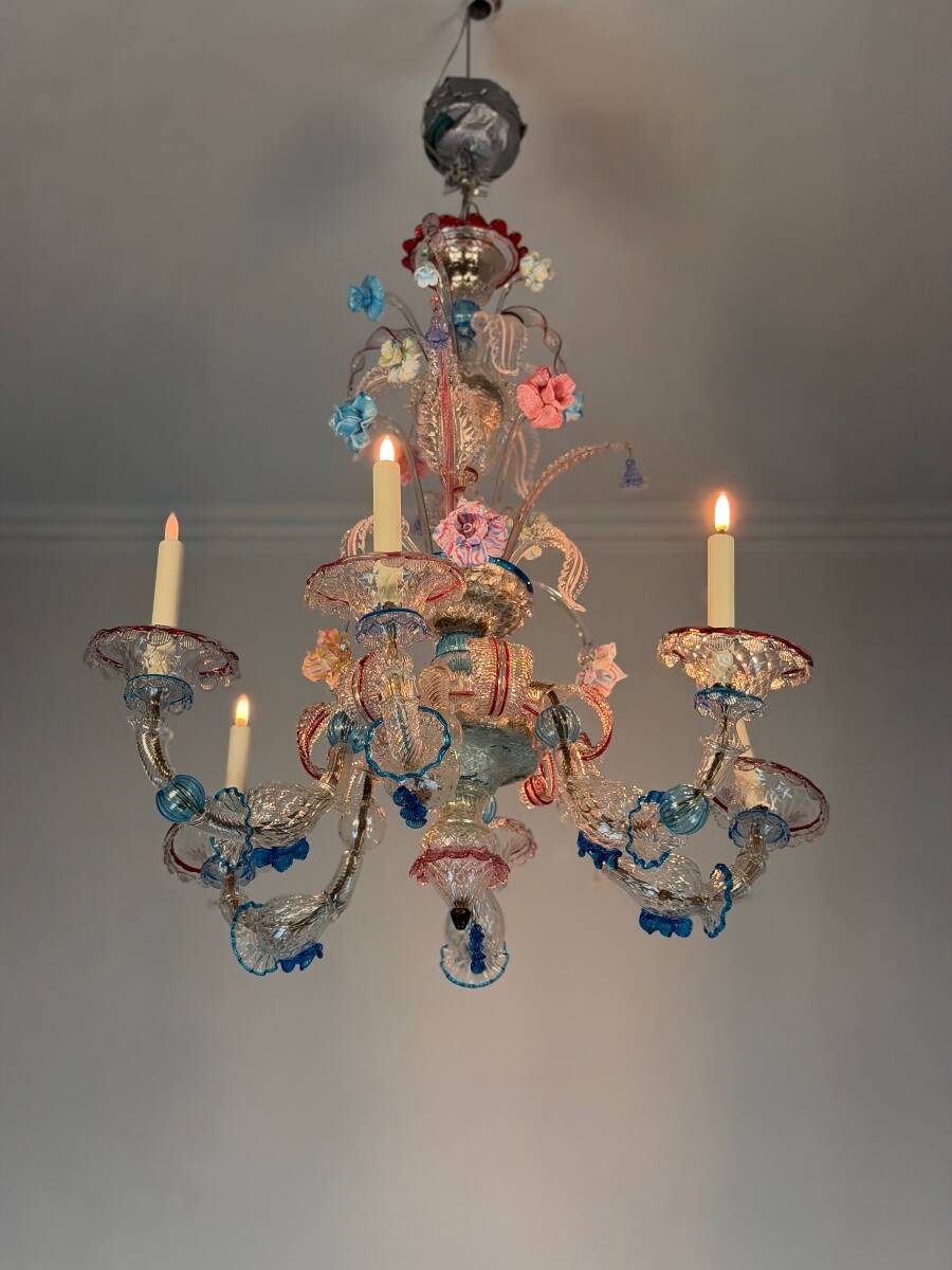 Venetian Rezzonico chandelier in multicoloured Venetian glass circa 1900