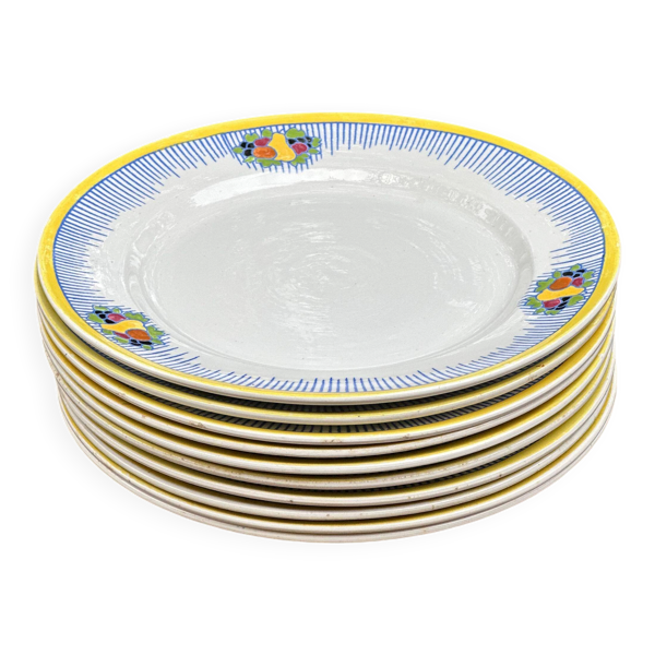 Lot de 10 assiettes plates Boch Frères La Louvière – Décor fruitier Art Déc