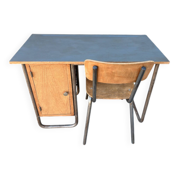 Bureau d’enfant vintage et sa chaise, esprit Hitier, moderniste années 50