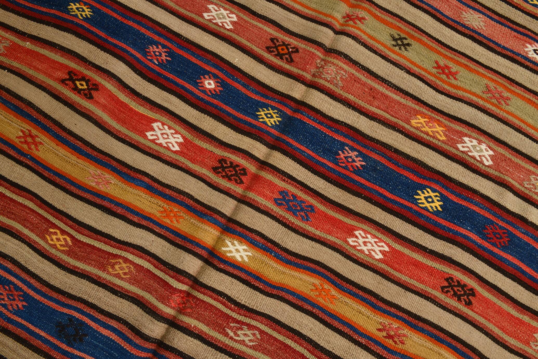 5x8 Wool Kilim Rug, Handwoven Blue & Red Wool Kilim Rug, 143x230Cm