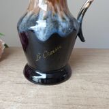 Ancien pichet à vin carafe en grès flammé marron et bleu vintage 1960