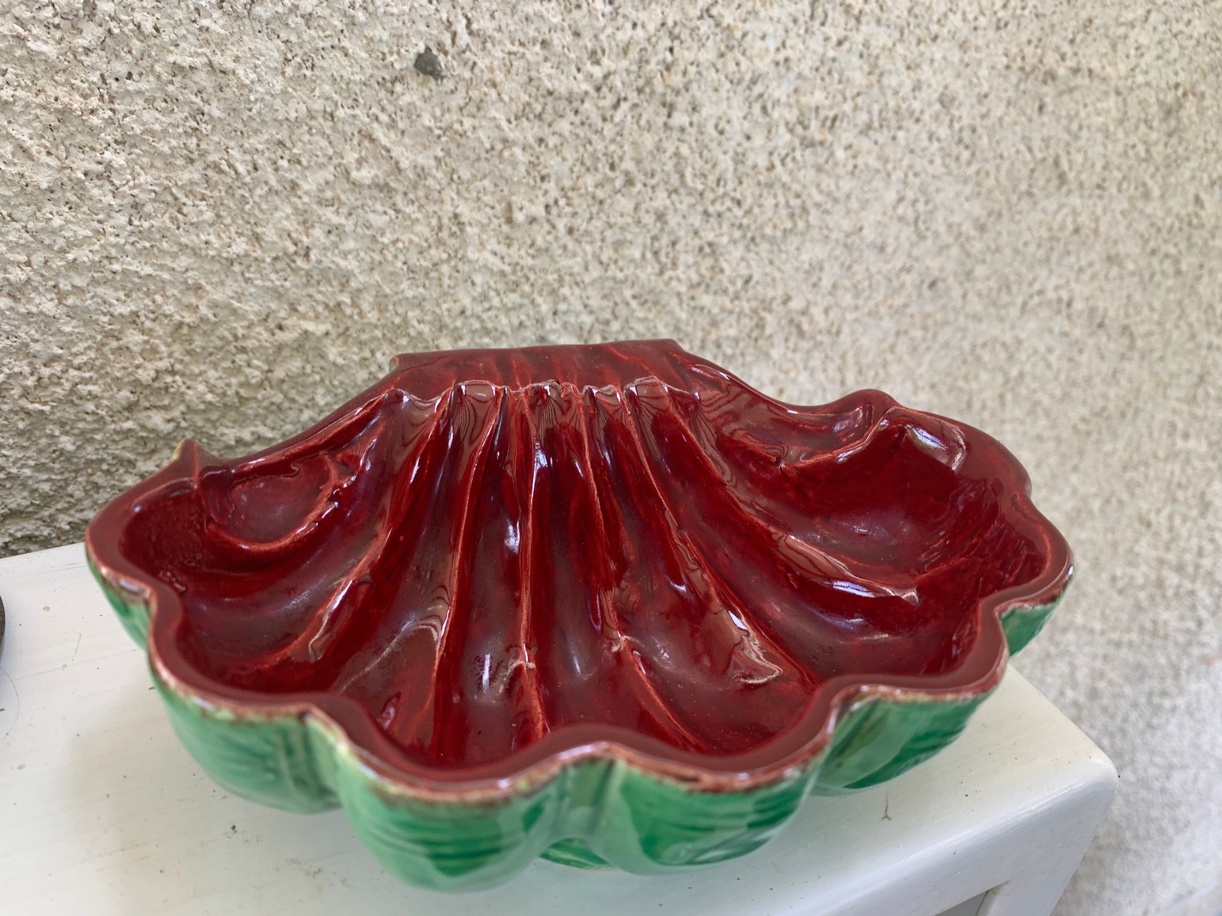 Green and red vintage dabbling enamelled ceramic shell