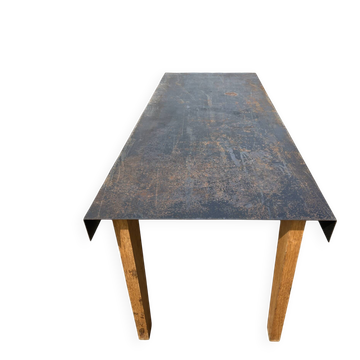 Large industrial table from the 1950s, steel and wood, 200cm.