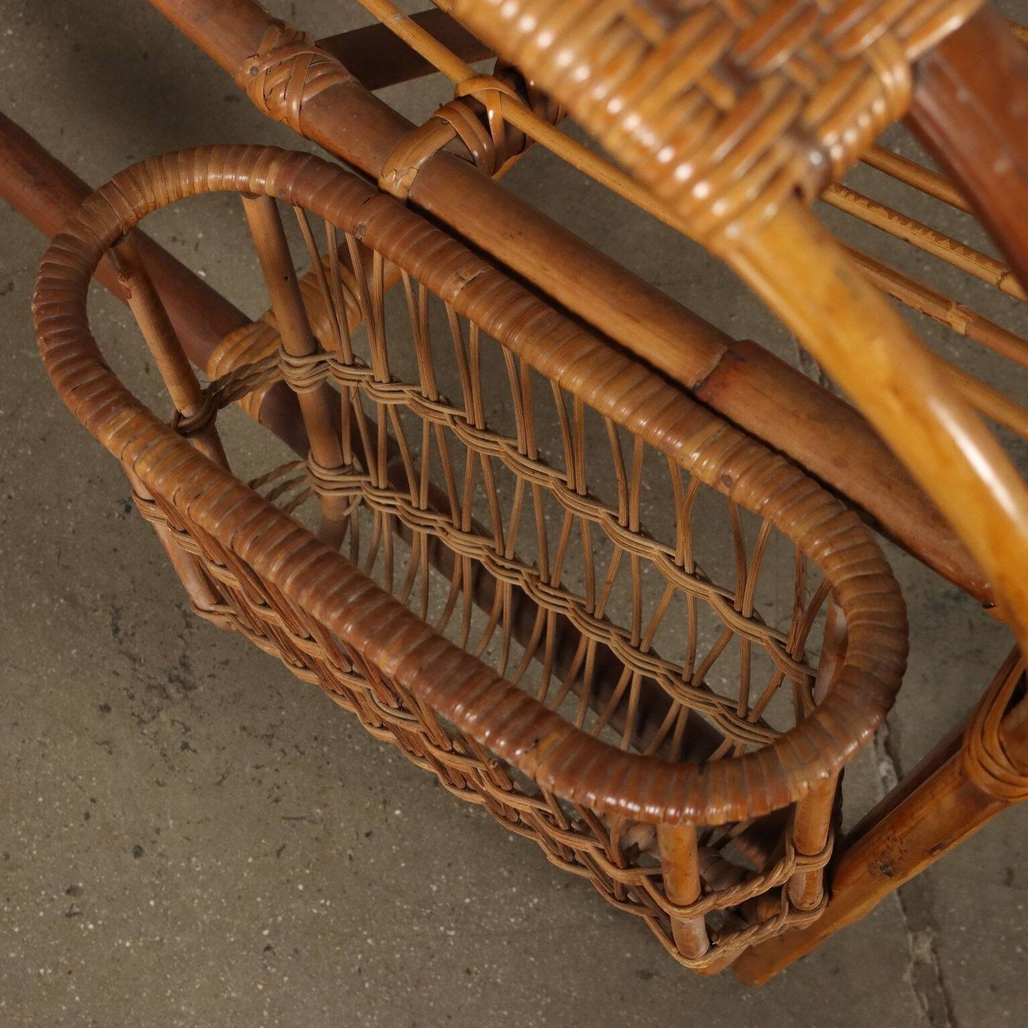 Vintage wicker armchair with magazine rack, Italy, 1960s