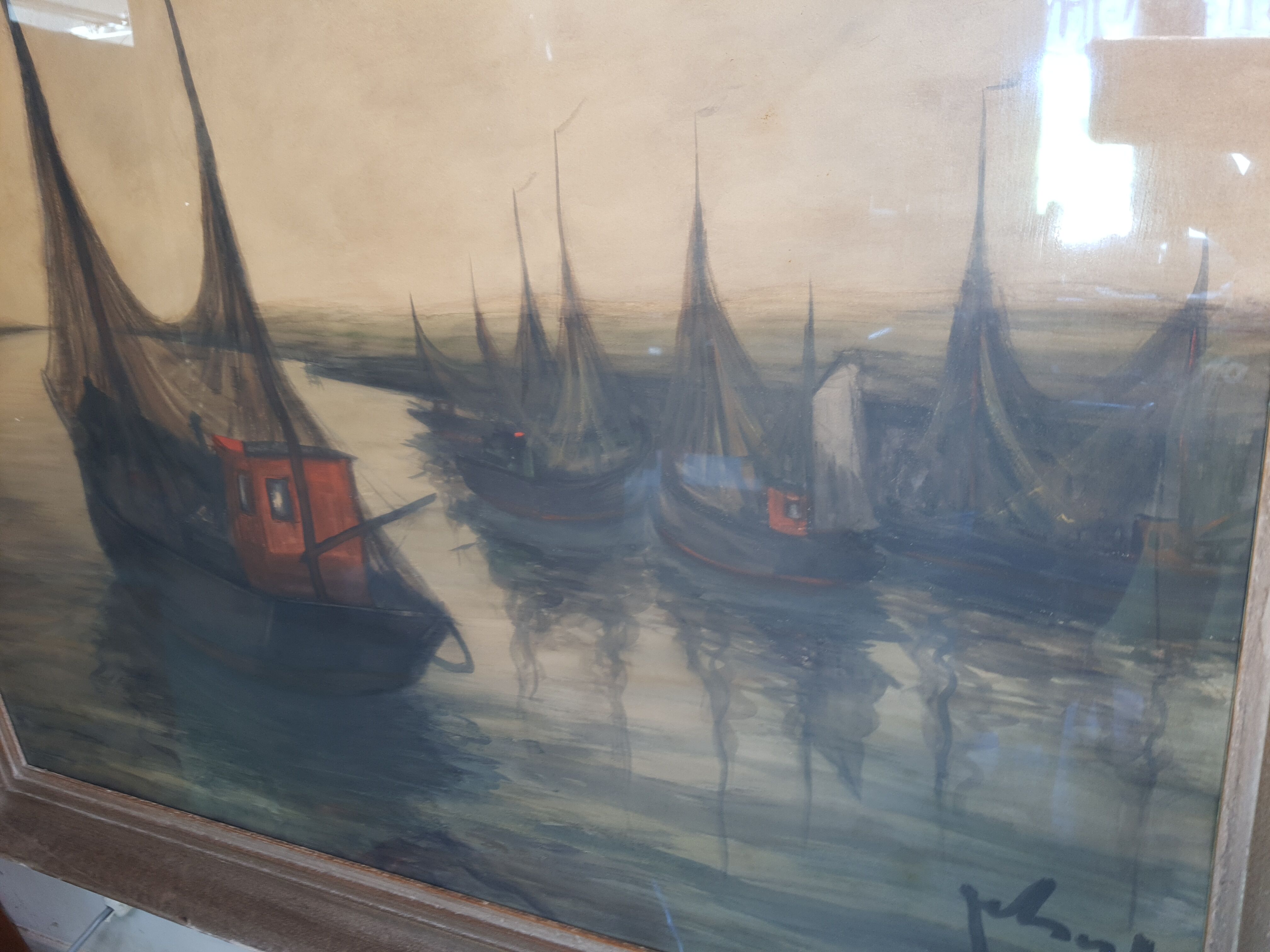 Peinture vintage bord de mer chalutiers