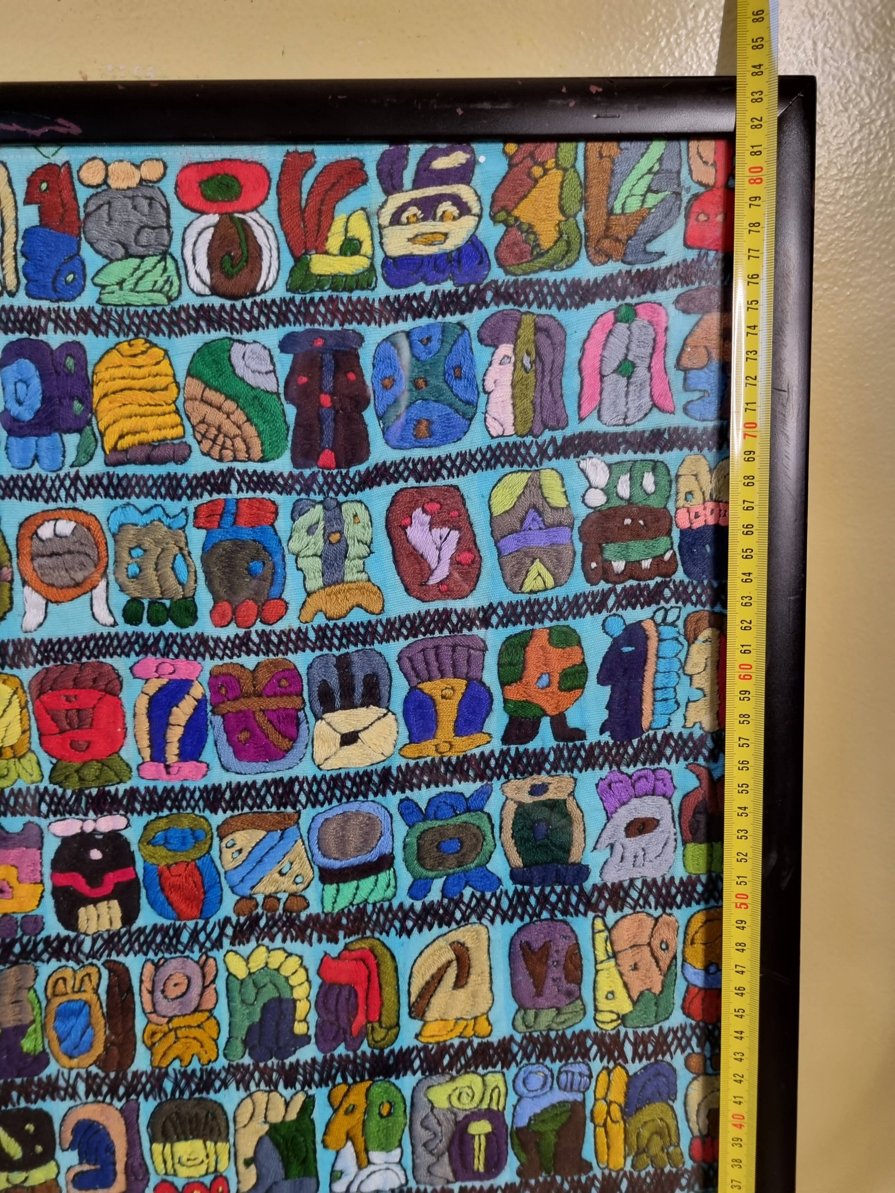 Native American tapestry, embroidered framed, colorful Mayan symbology, 84 cm