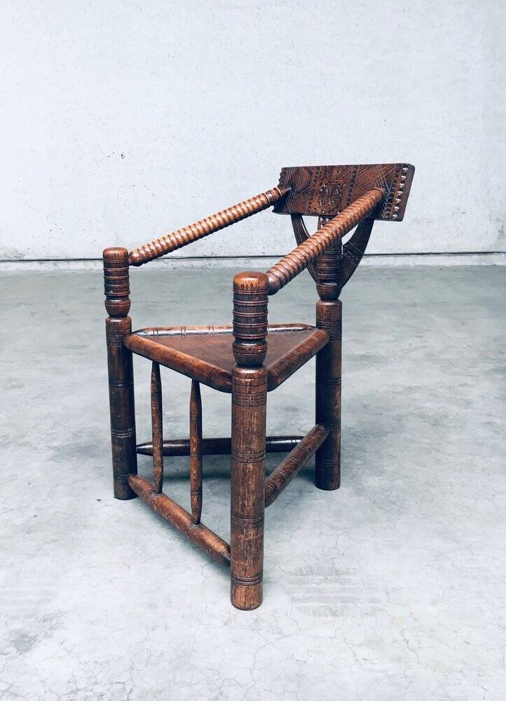 Brutalist Carved Oak Tripod Monk Chair, Sweden, 1930s