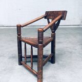 Brutalist Carved Oak Tripod Monk Chair, Sweden, 1930s