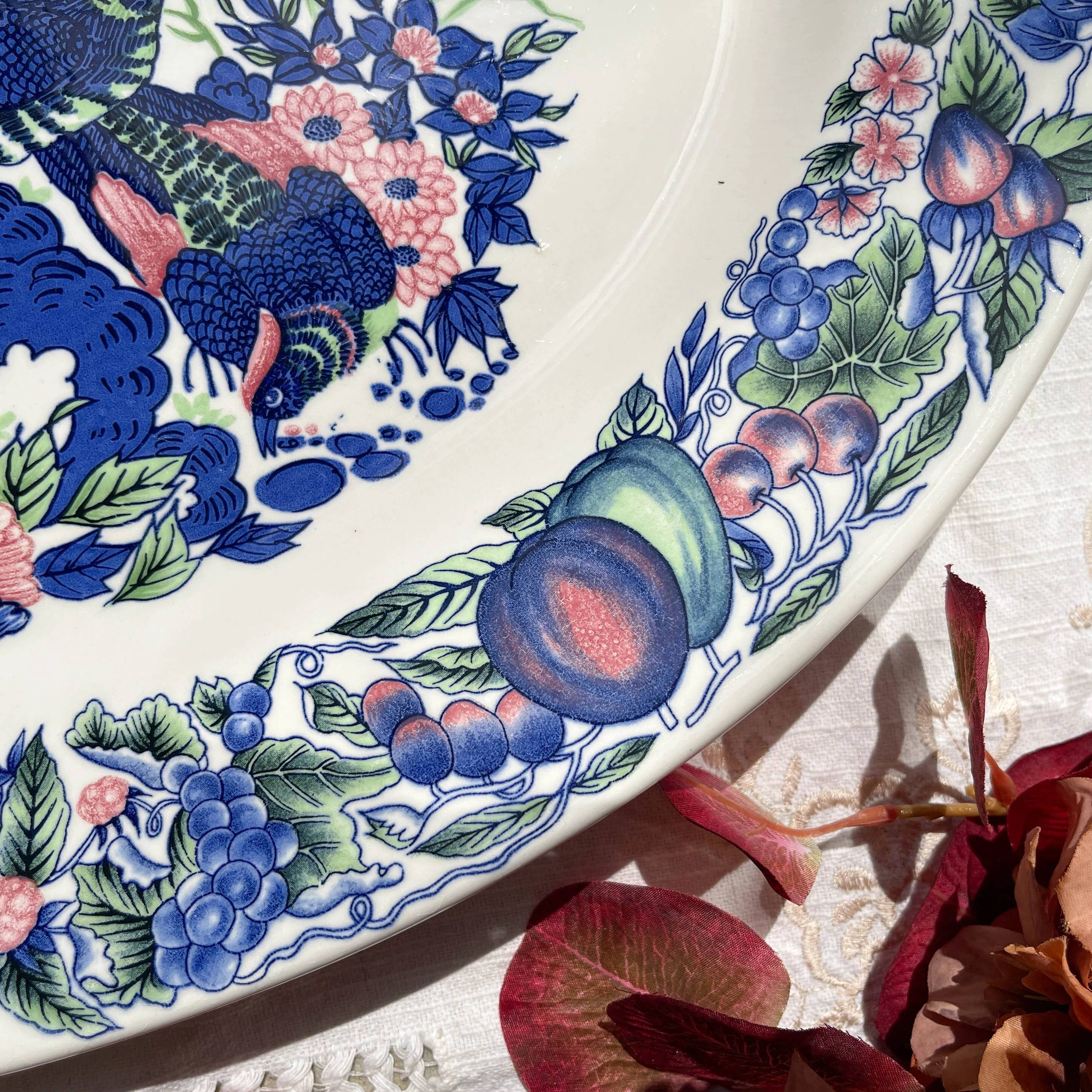Large antique oval platter in Italian Stoviglierie earthenware – blue, green, and pink bird and flower motif