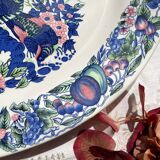 Large antique oval platter in Italian Stoviglierie earthenware – blue, green, and pink bird and flower motif