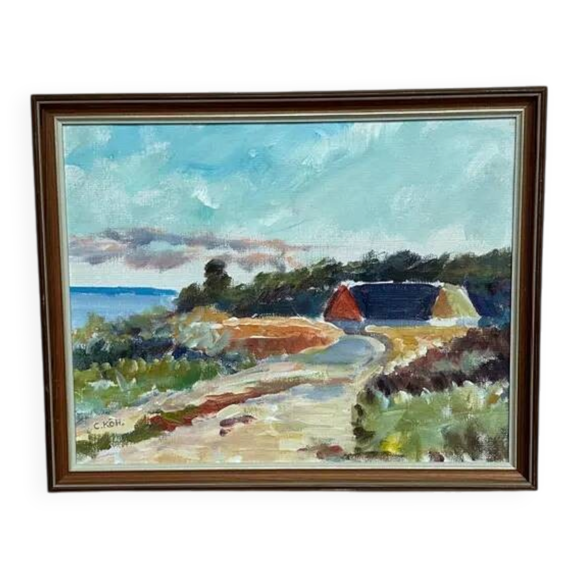 Original Swedish Oil on Canvas - 'Beach House in a Grove' by Carl Köhler - Signed - Vintage and Framed - 38 × 30 cm