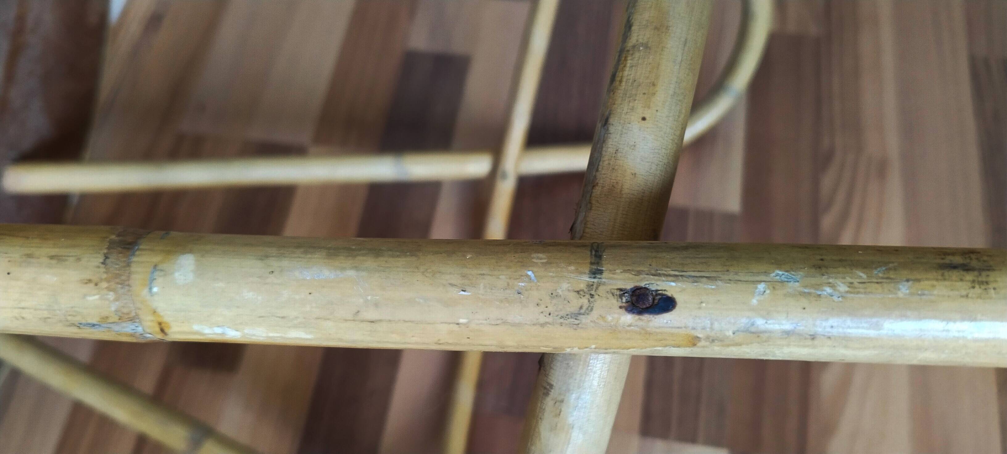 Vintage round rattan table, desk, tripod legs