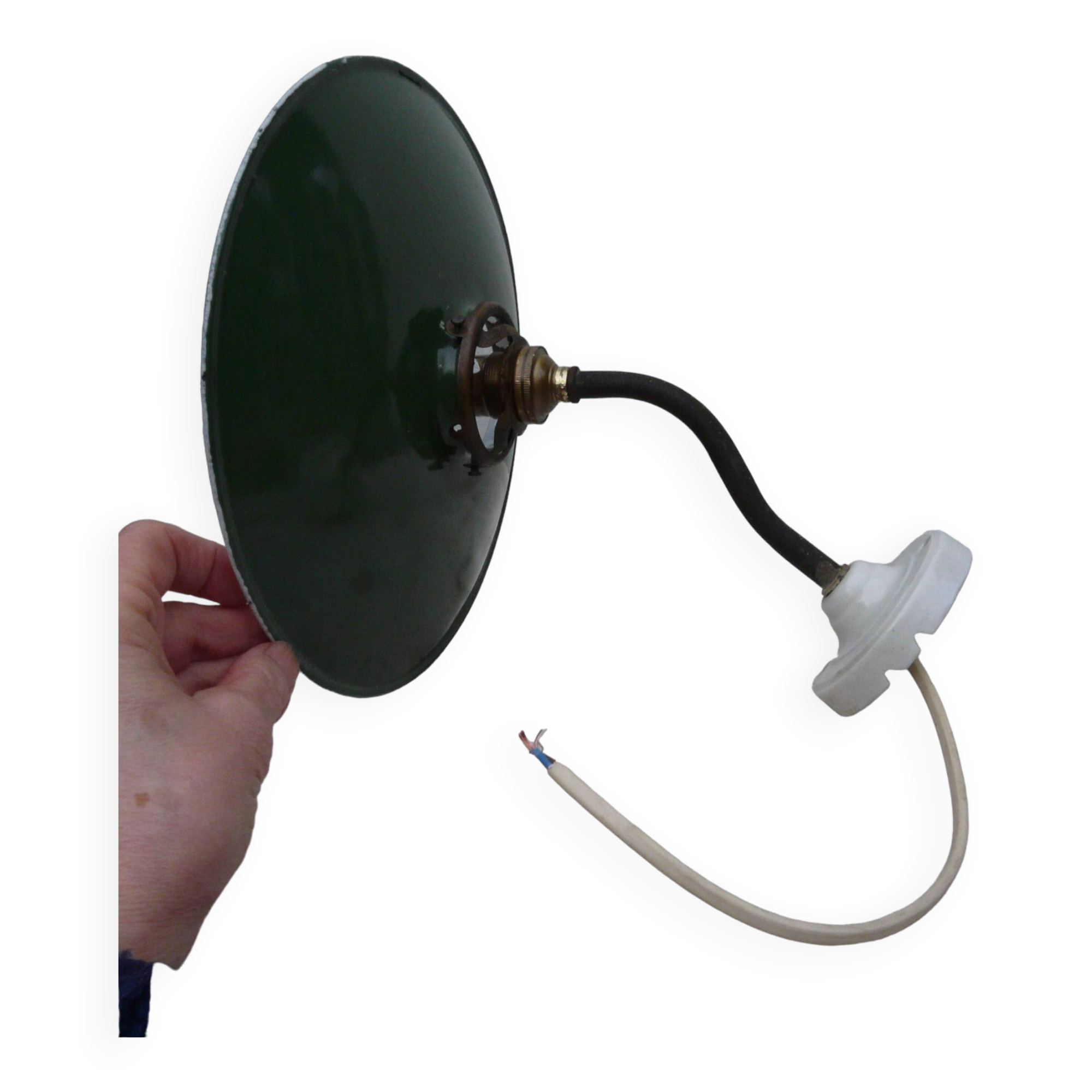 Industrial wall light in enameled sheet metal, swan neck, porcelain base