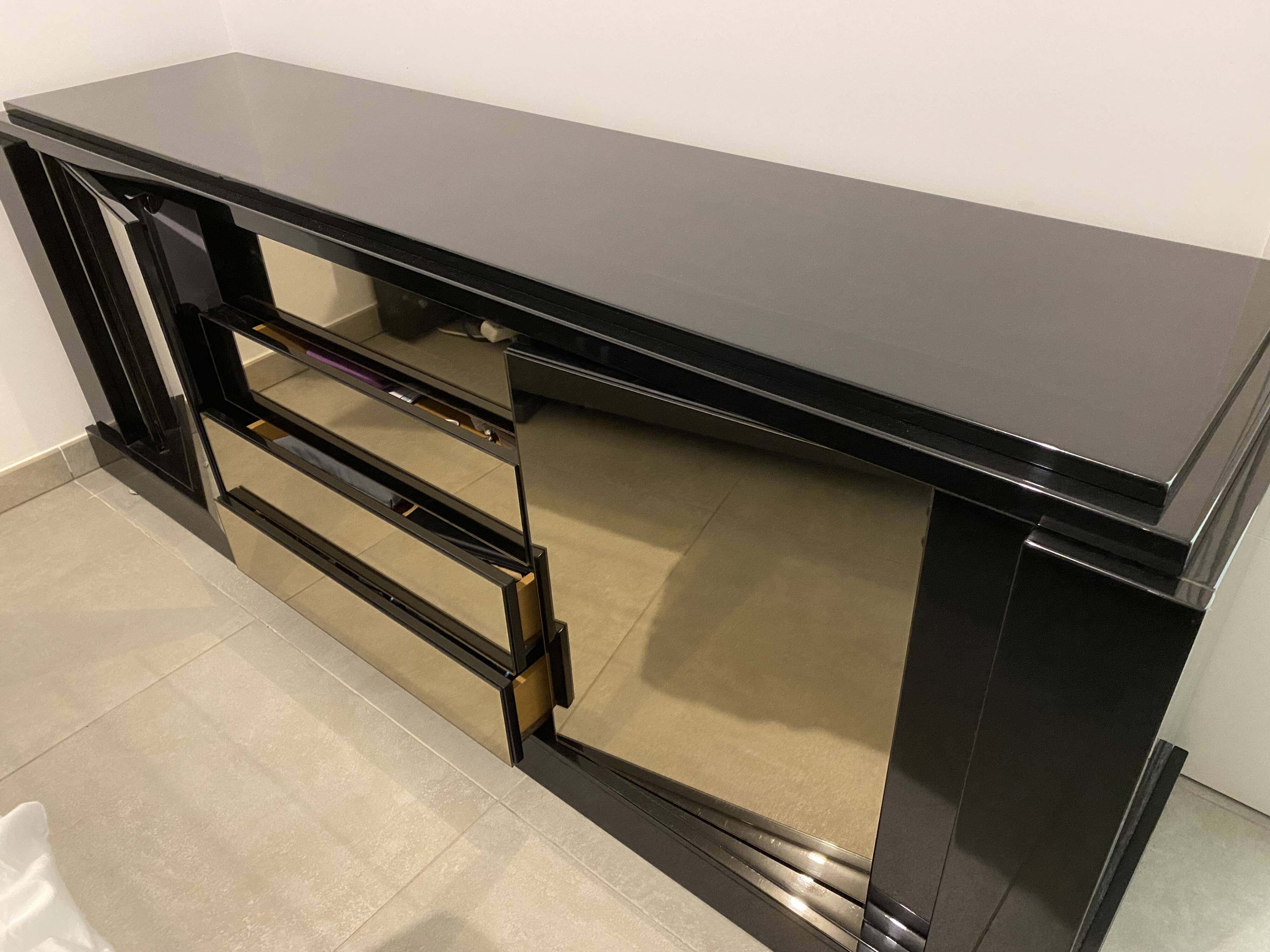 Roche Bobois sideboard black lacquer and mirror signed Paul Michel 80s