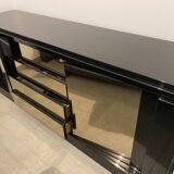 Roche Bobois sideboard black lacquer and mirror signed Paul Michel 80s