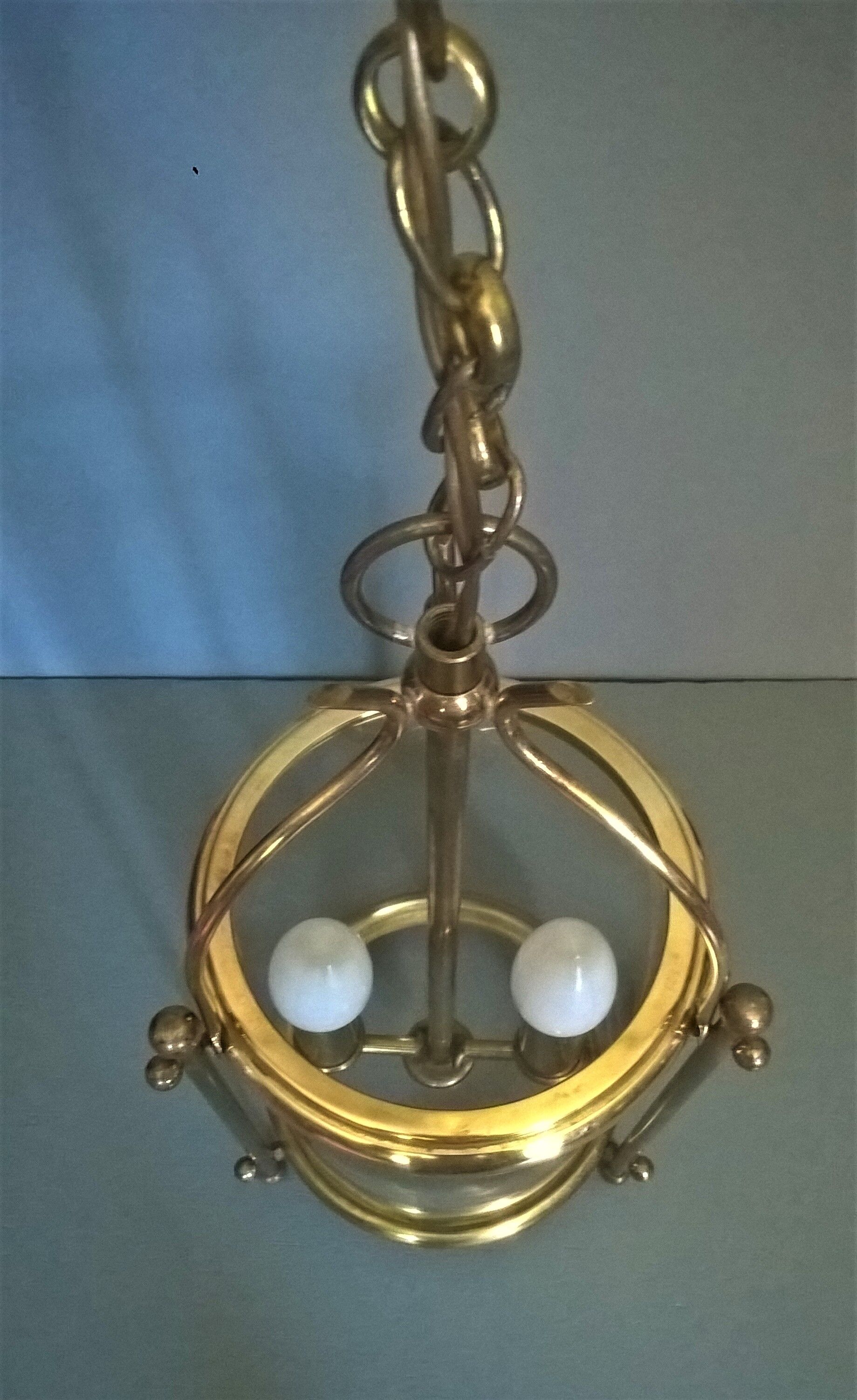 Chandelier lantern cage cylindrical two fires ~ glass and golden brass ~ 1950s/1960s