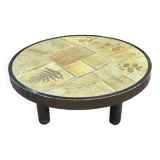 Beech coffee table with ceramic top, herbarium decoration by Raymonde Leduc Vallauris