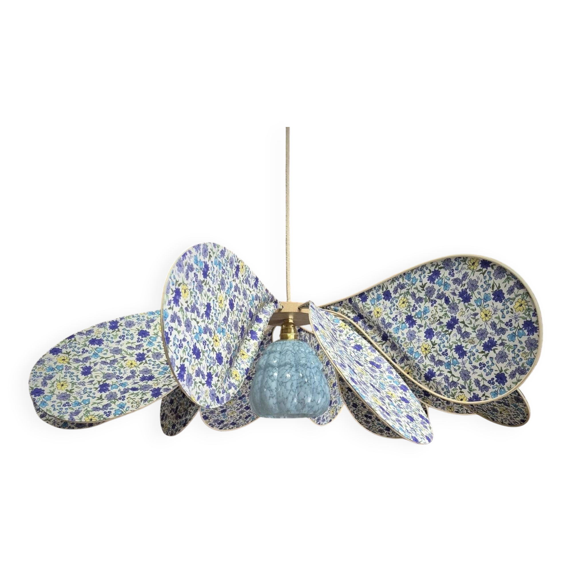 Pendant light, chandelier, rattan petals and fabric flower and blue Clichy globe