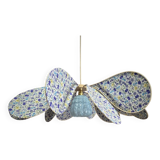 Pendant light, chandelier, rattan petals and fabric flower and blue Clichy globe