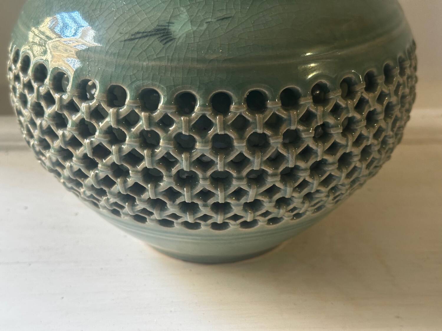 Celadon vase with openwork cranes H 29 cm