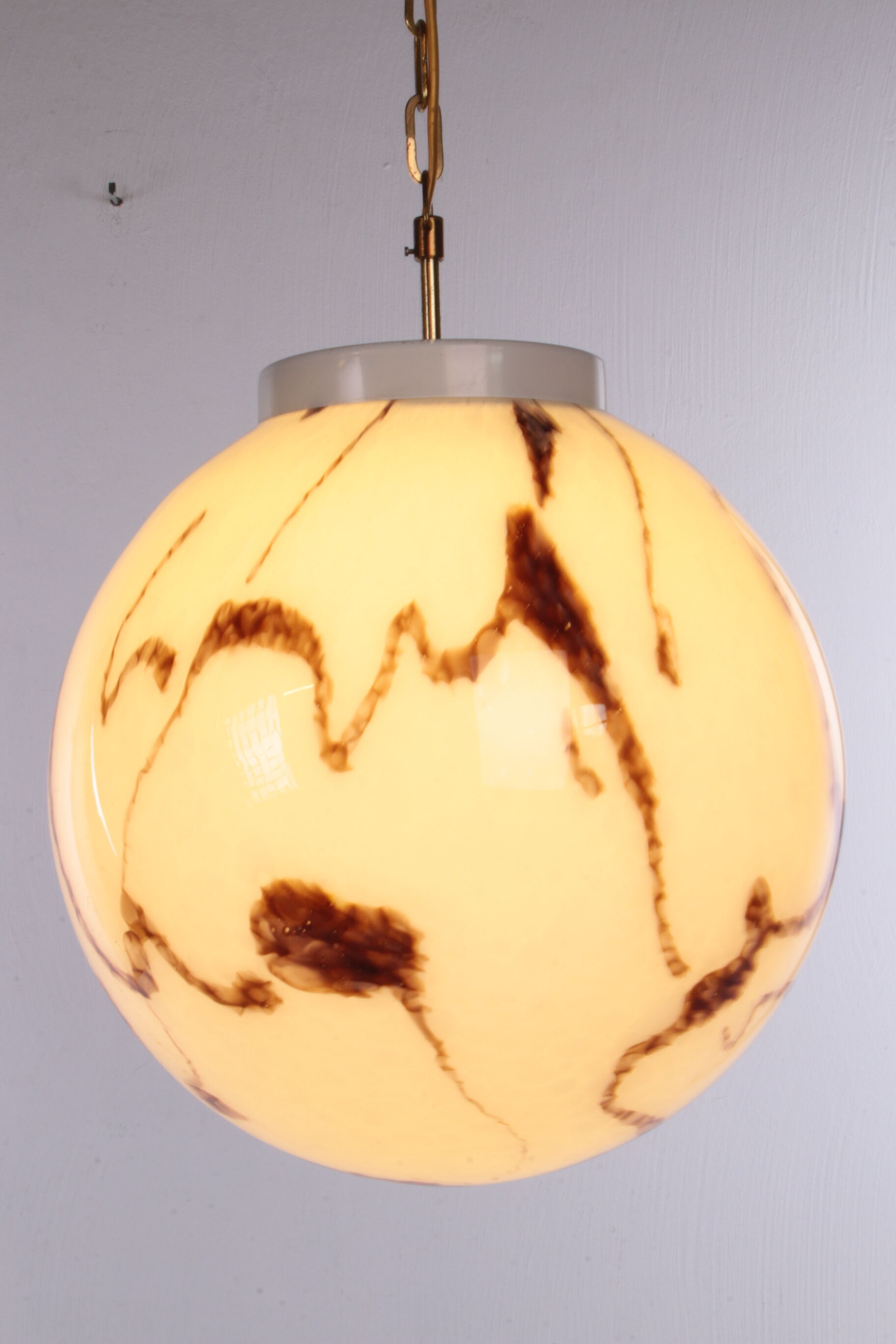 Vintage Hanging lamp Hollywood Regency style with white mixed glass ball.