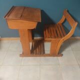 School desk circa 1950, bench, desk.