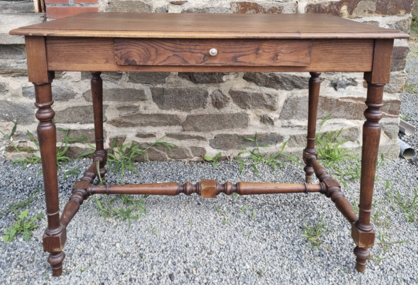 Writing table or wooden desk, Louis XIII style, turned feet, vintage