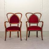 Red Velvet Heartshaped Wooden Vintage Design Side Chairs. Set of 2. 1950s