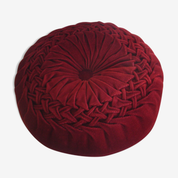 Coussin rond en velours plissé rouge vintage