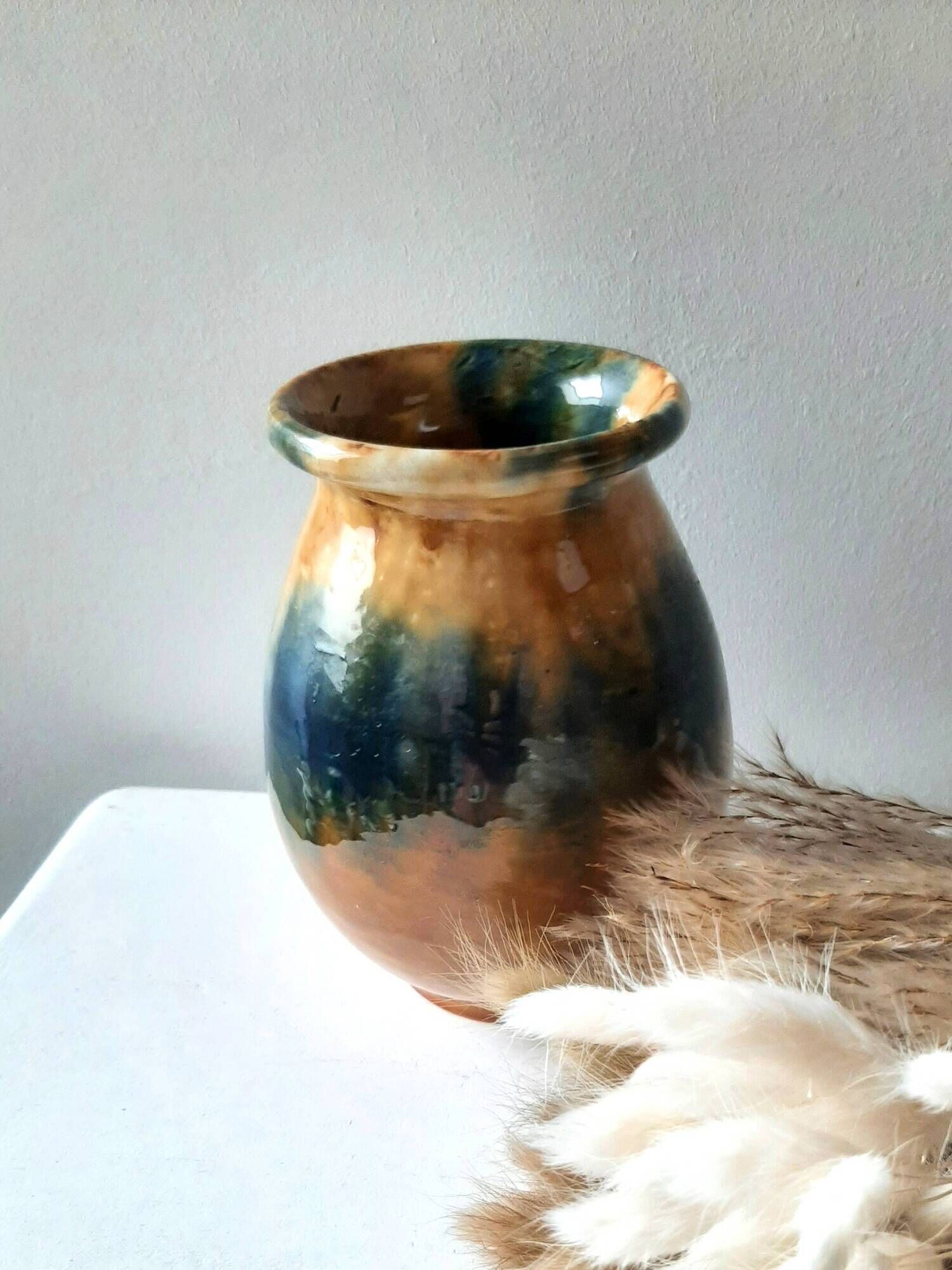Aetgina vase Vallauris vintage in ochre and blue glazed ceramic.