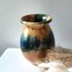 Aetgina vase Vallauris vintage in ochre and blue glazed ceramic.