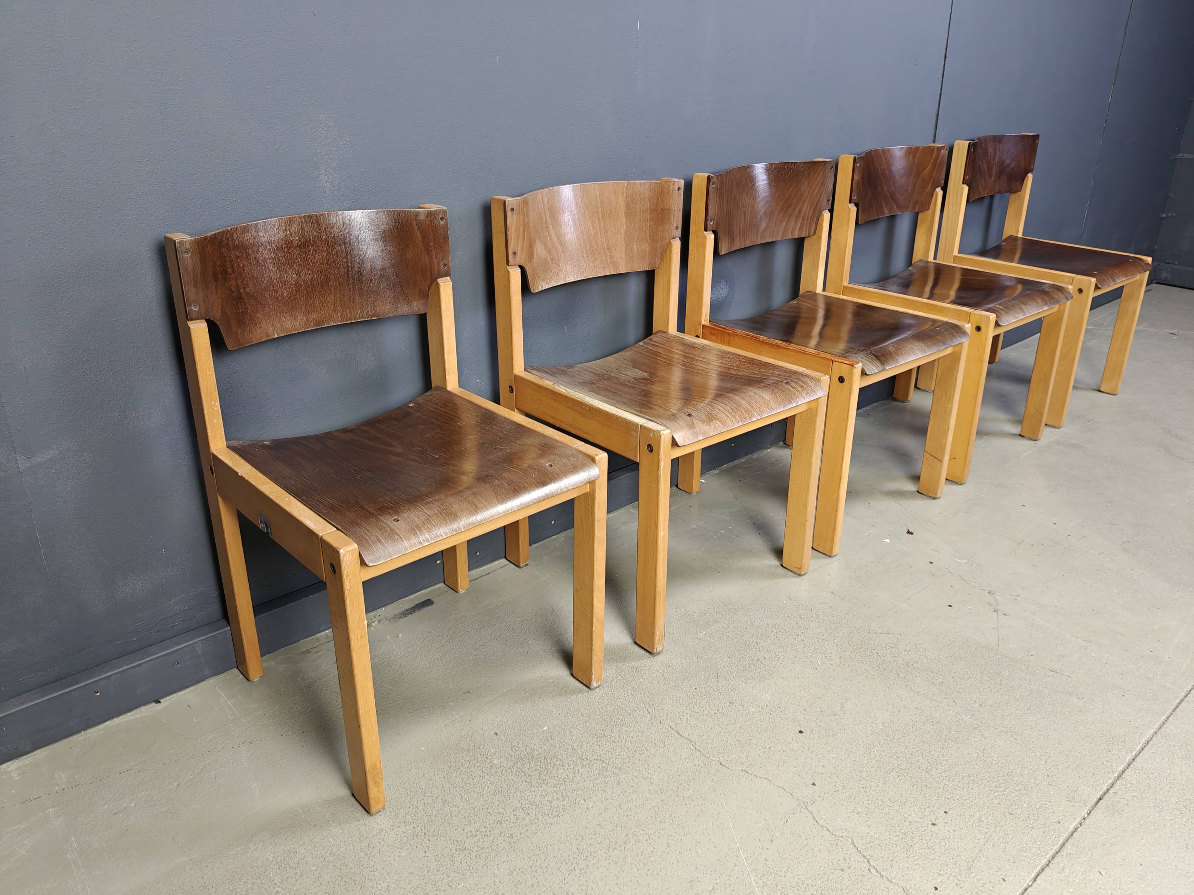 Mid-Century Brown and Birch Stacking Chairs set of 5