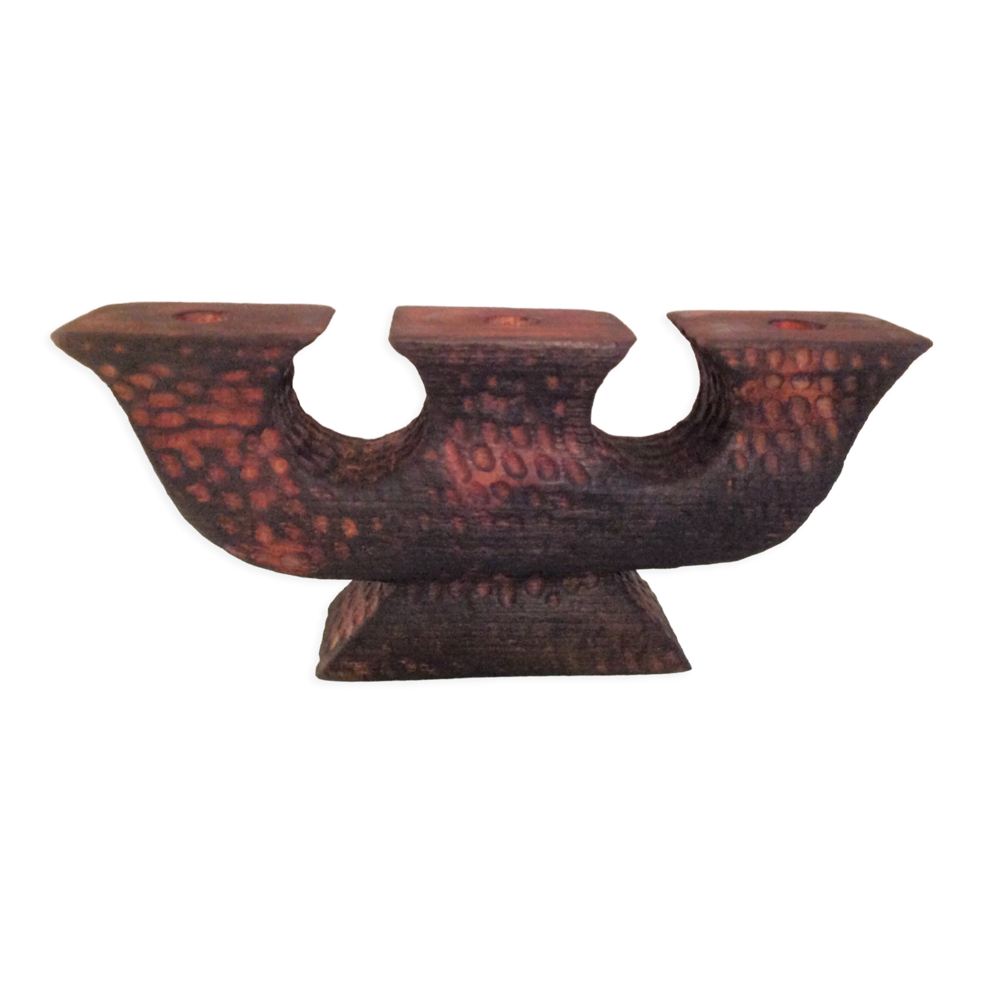 Brutalist chandelier with three heads in burnt wood / vintage 60s-70s