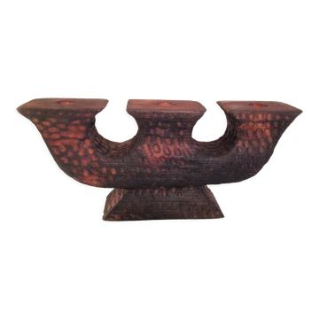 Brutalist chandelier with three heads in burnt wood / vintage 60s-70s
