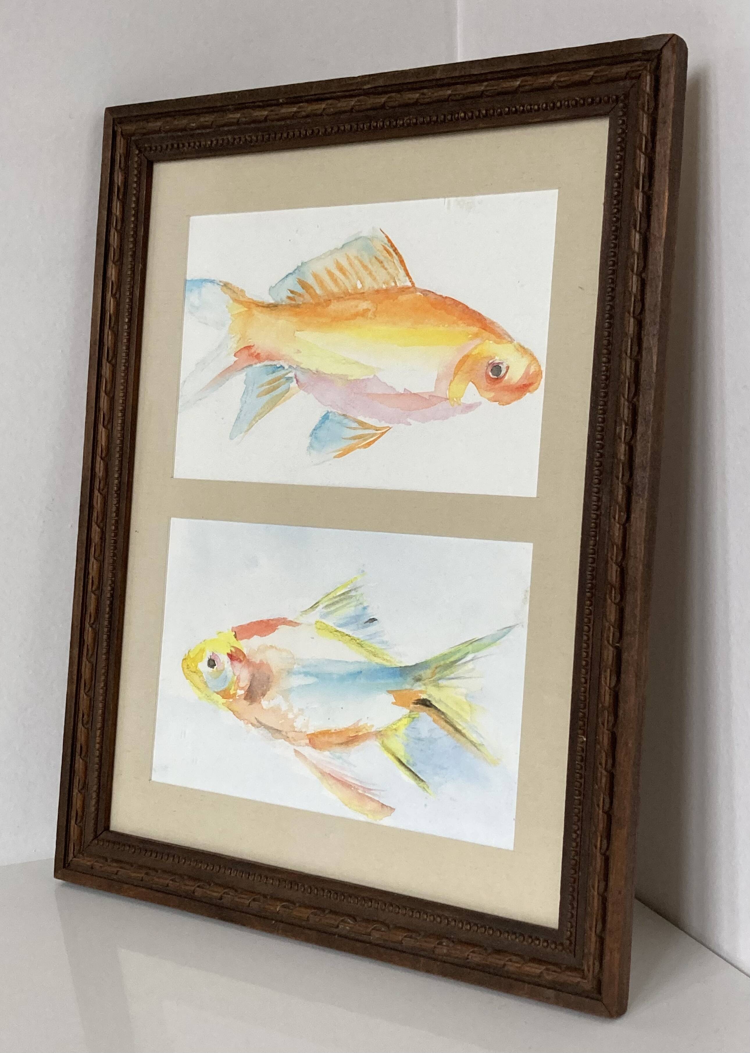 Watercolor painting of goldfish in a Louis XVI style wooden frame