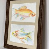 Peinture à l’aquarelle représentant des poissons rouges dans un cadre en bois de style Louis XVI