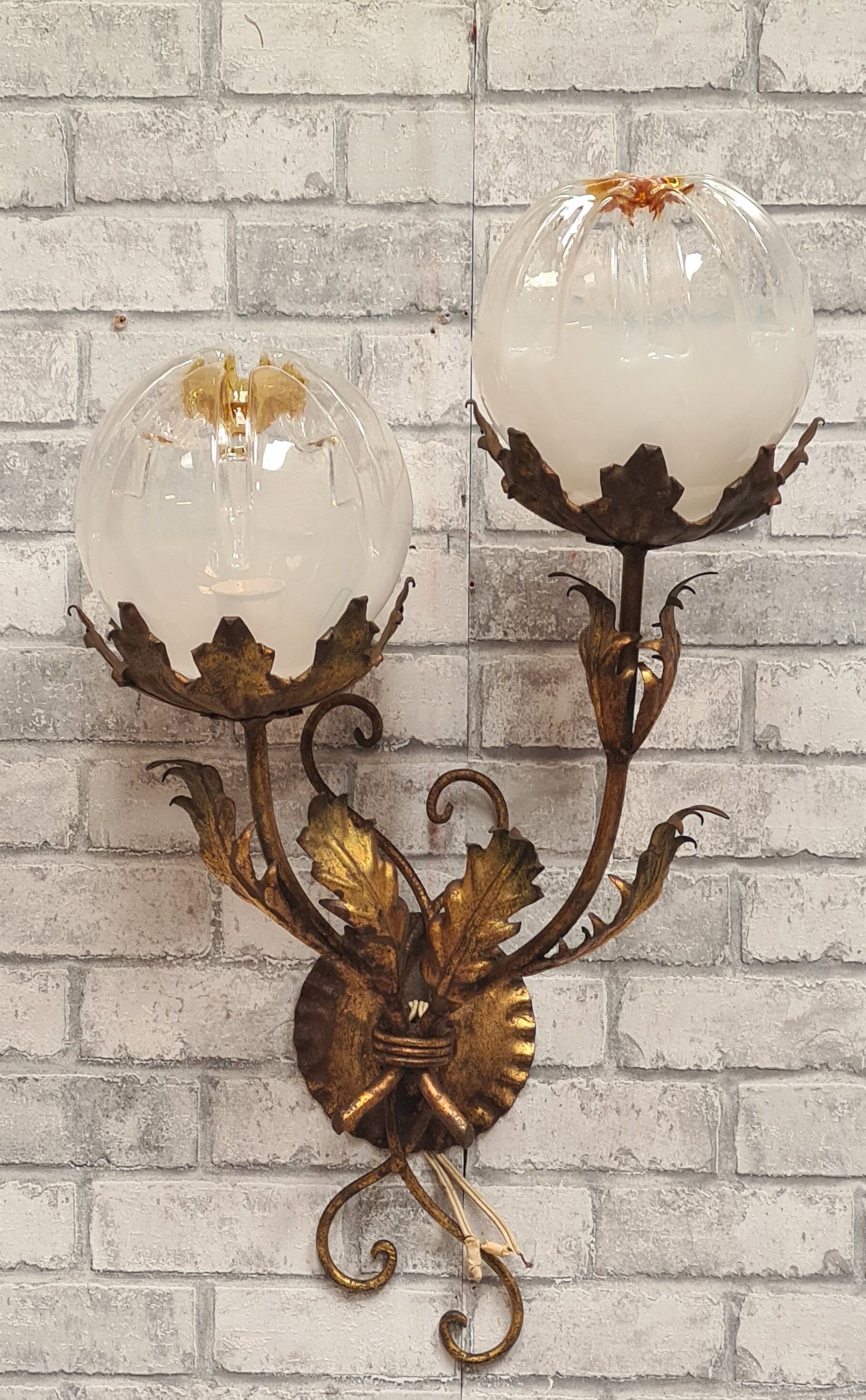 fleural wall lamp vintage golden metal Italian design 1960 murano mazzega