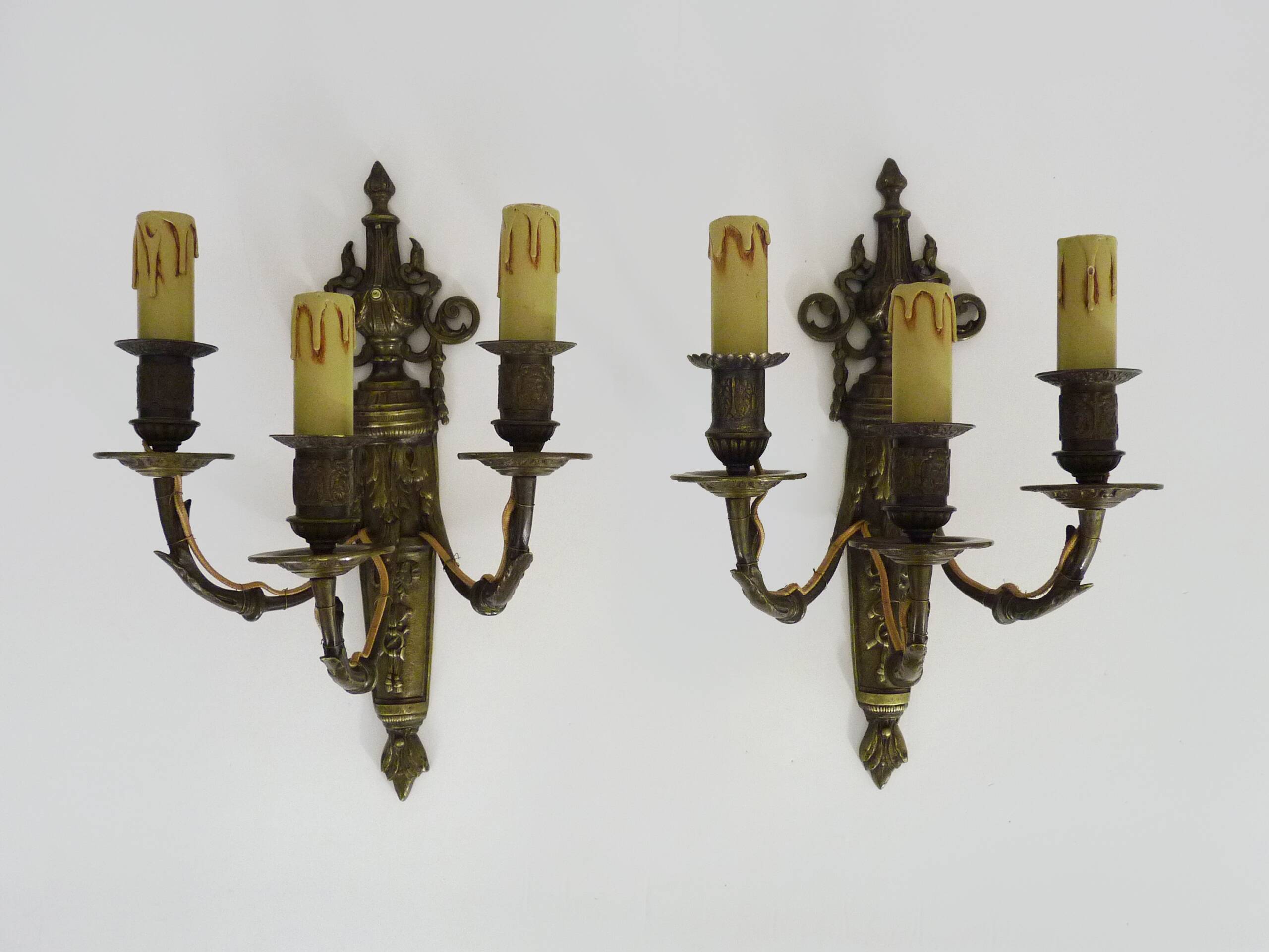 Magnificent Pair of Bronze Sconces with Louis XV Style Fire Pots. 1930s