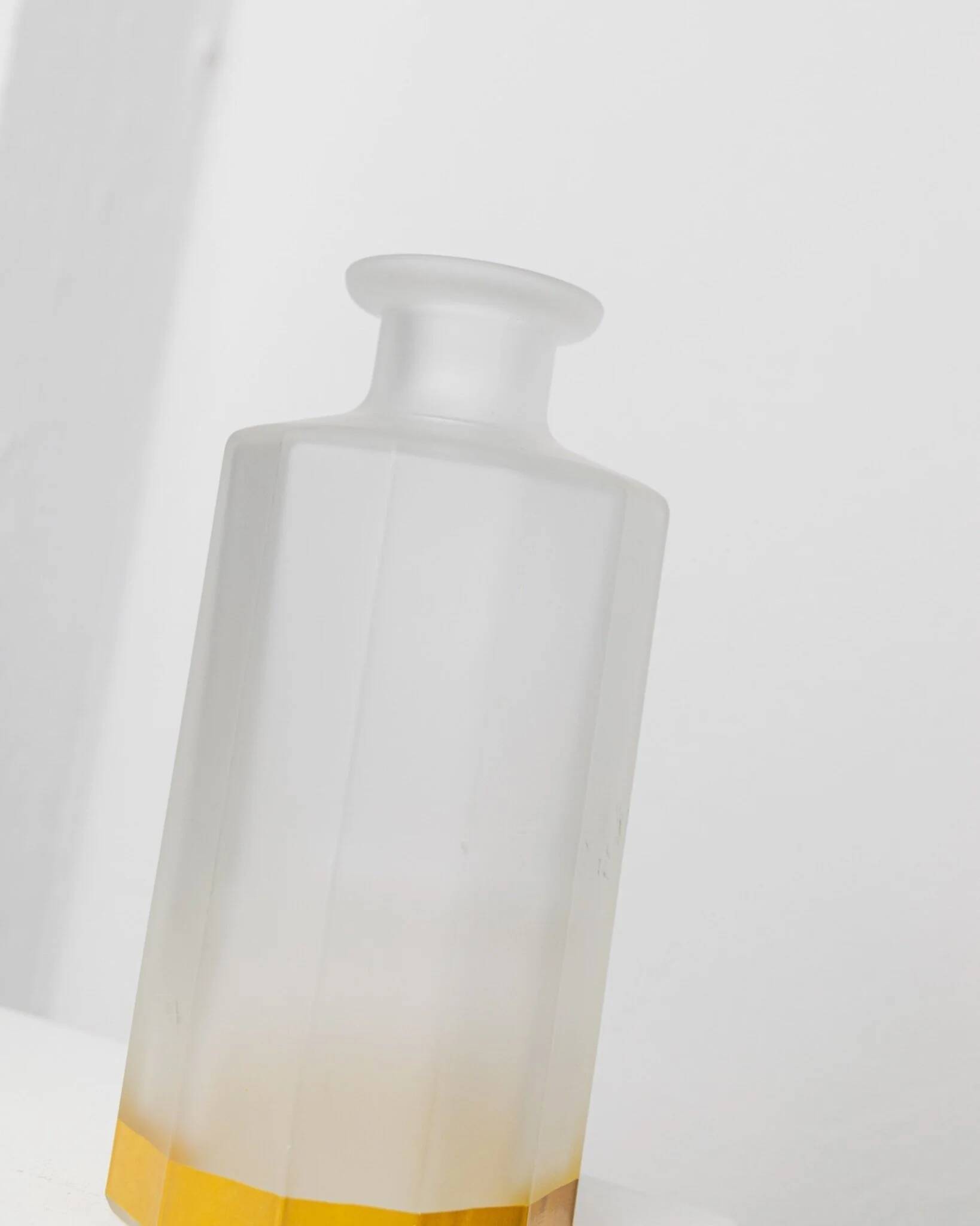 Vintage milky glass vase with yellow base, twelve-faced silhouette, Italian Bormioli, 1980s
