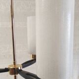 Modernist chandelier with 3 lights in metal, brass, and opaline globe - 1950s