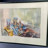 Watercolor painting Still Life with Glasses signed Guy Barbier