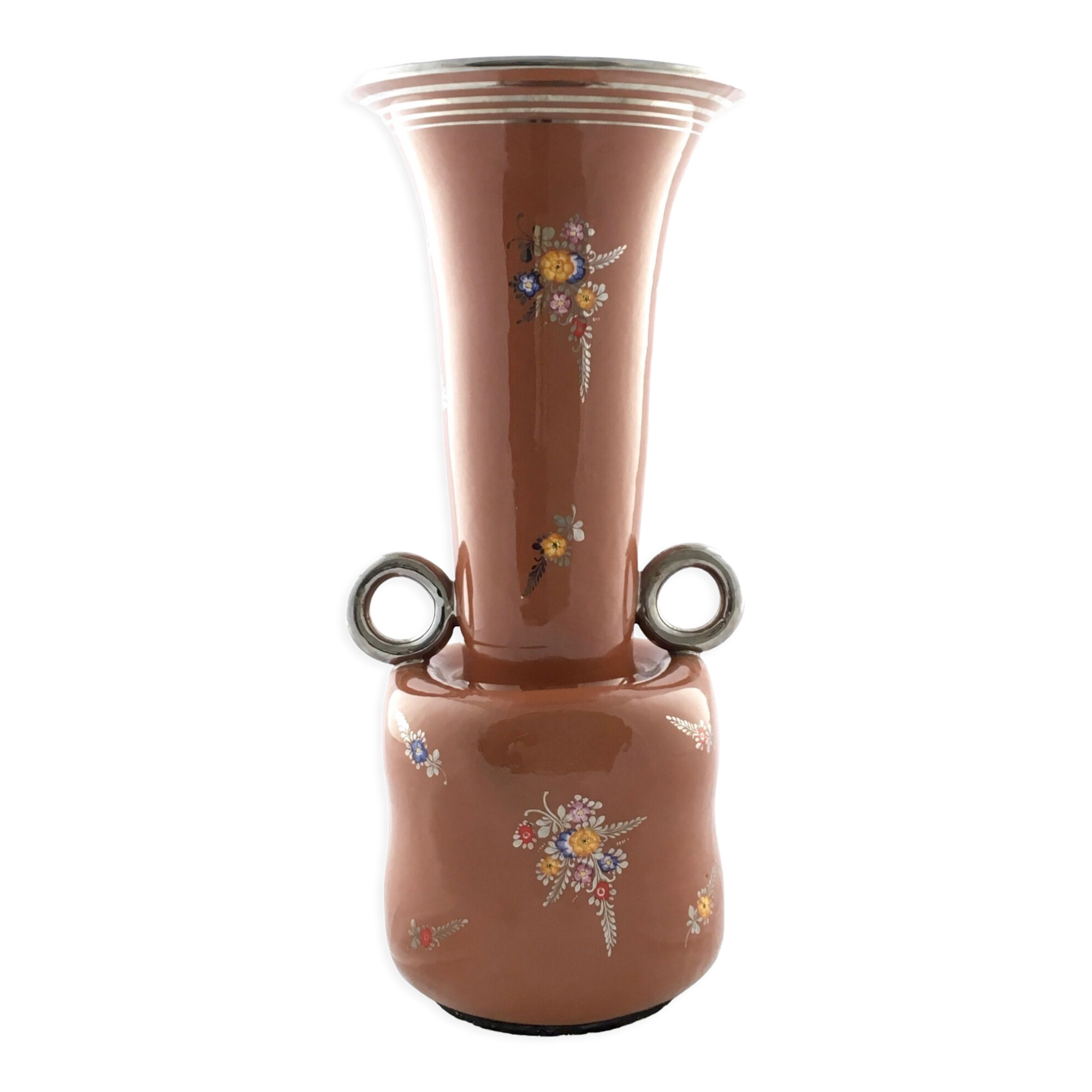 Vintage Brown Lacquered and Hand Painted Terracotta Deruta Vase, Italy